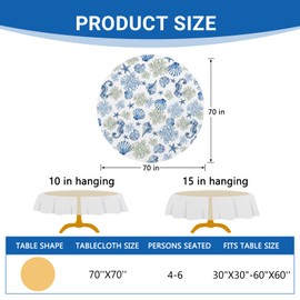 Livcoz Blue Beach Round Tablecloth 70 x 70 Inches, Coastal Sea Conch Coral Seahorse Starfish Decorative Dining Table Cloth, Spring Summer Seasonal Ocean Dinner Table Cover Picnic Party Decoration