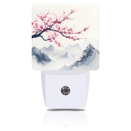FOISIIAEA Cherry Blossom Tree Night Light, Japanese Mountains Plug-in Nightlight with Dusk to Dawn Auto Sensor for Home Bedroom Hallway Kitchen 0.5W Sleep Friendly Led Lamp for Women Men