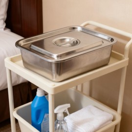 2 Pcs Stainless Steel Bus Tubs with Lid, Deep Commercial Tote Box Dish Tubs Utility Tub BBQ Prep Tub, Steam Pans, 15.7" L x 11.8" W 4" D