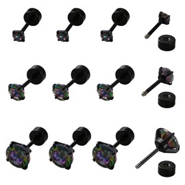 GOMAKERER 6 Pairs 3 Sizes Screw Back Surgical Stainless Steel Stud Earrings, Black Cubic Zirconia Studs Simple Small Studs Earrings for Women Men