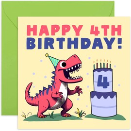 Old English Co. Fourth Birthday Card for Boys or Girls - Happy 4th Birthday - Age 4 - Four Years Old - T Rex Dinosaur Themed Birthday Card for Son, Daughter, Niece, Nephew, Grandchild | Blank Inside