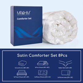 MR&HM Satin Comforter Queen 8 Pieces - Luxurious Pinch Pleat Bedding Set with Comforter, Sheets, Bed Skirt, Pillowcases & Shams, Super Silky Soft Bed Set for All Season (Queen, Ivory)