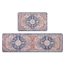 Ileading Kitchen Anti Fatigue Mat Set of 2 Non Skid Waterproof Kitchen Floor Mat Vintage Cushioned Comfort Standing Mat Boho Kitchen Rug Runner for Kitchen Sink Laundry, 17"x59"+17"x28", Blue&Red
