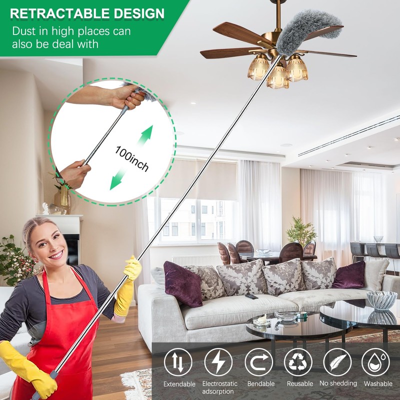 Microfiber Feather Duster with Extendable Pole, 100-inch Extra-Long Dusters Telescoping