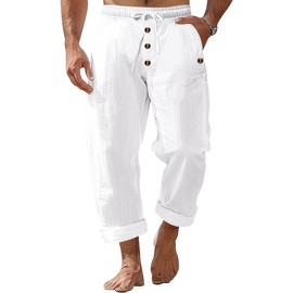 TRFIC Men's Linen Pants Casual Buttoned Yoga Pants Baggy Elastic Waist Drawstring Beach Pants White