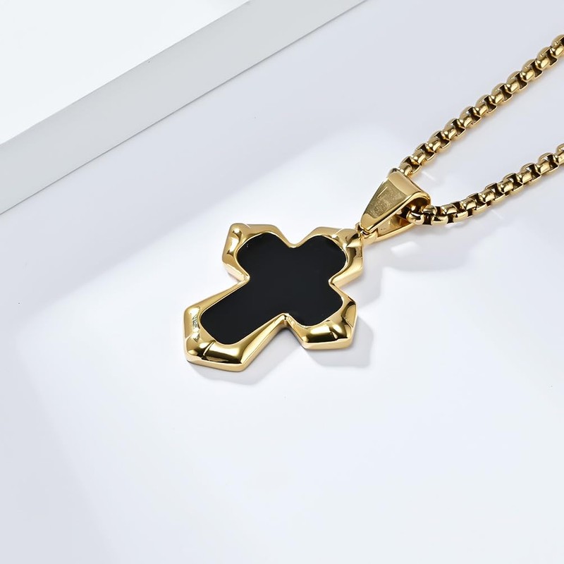 FATACI Cross Necklace for Men,Gold Plated Stainless Steel Hip Hop