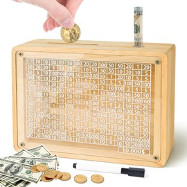 Inmorven Money Saving Box 10,000 Dollars, Piggy Bank for Kids Boys, Coin Banks for Adults with Counter, Cash Vault Wooden Savings Box 10000 USD, 10K Savings Challenge Box for Teens and Girls