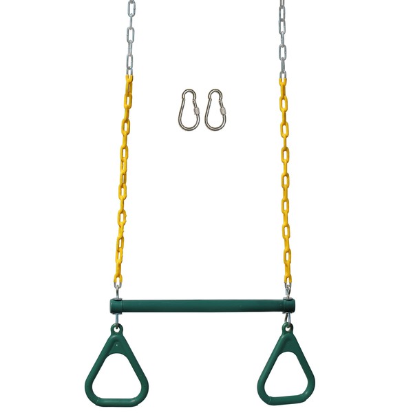 Jungle Gym Kingdom 18" Trapeze Swing Bar Rings 48" Heavy Duty Chain Swing Set Accessories & Locking Carabiners (Green)