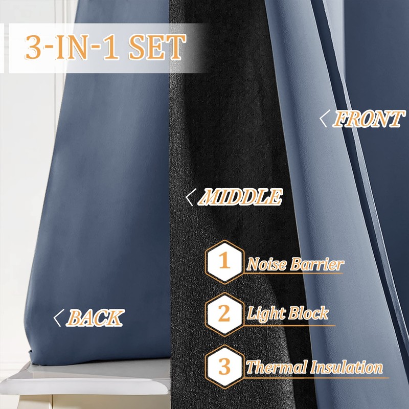 RYB HOME Thermal Curtains Soundproof - 3-in-1 Drapes Noise Barrier