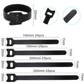 Velcro Cable Ties Velcro Black Pack of 100 150/180/200/250 mm, Zone Cable Velcro Tape Resealable Velcro Cable Ties Velcro for Home Office, Office and Garden (4 Sizes Black)