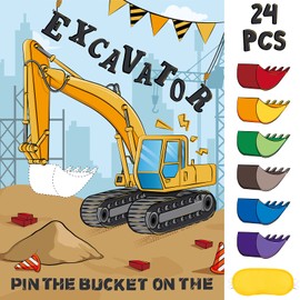 Pin The Bucket on The Excavator Party Games - Construction Party Supplies for Kids Boys 21’’ x 28’’ Truck Game Poster with 24 Pcs Reusable Stickers for Birthday Baby Shower Family Classroom Activities