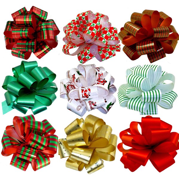 Christmas Gift Pull Bows - 5" Wide, Set of 9, Red, Green, Gold, Stripes, Swirls, Gift Bows, Christmas Presents, Birthday, Boxing Day, Hanukkah, Wreath, Swag, Christmas Tree, Fundraiser