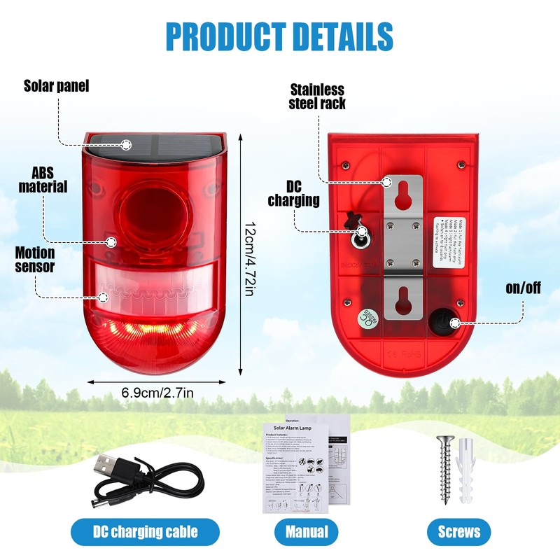 Qualirey Solar Sound and Light Alarm Motion Sensor 129db Outdoor