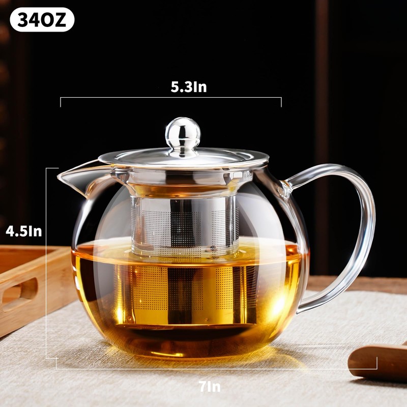 PARACITY Glass Teapot Stovetop 34OZ/1000ml, Tea pot with Removable 18/8