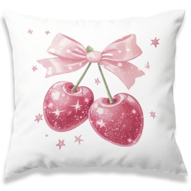 MNASAIOO Pink Coquette Bow Cherry Decorative Throw Pillow Covers, Preppy Pillows Covers for Girly Room, Trendy Pillow Cases Decor for Couch Bedroom Dorm 18x18in