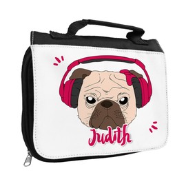Kulturbeutel mit Namen Judith und Motiv - Mops mit Kopfhörer pink - für Mädchen | Kulturtasche mit Vornamen | Waschtasche für Kinder