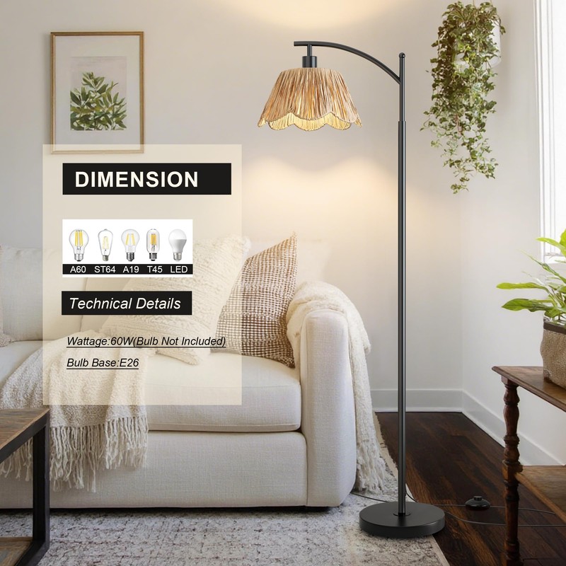 Oneach Boho Rattan Floor Lamp for Living Room, Farmhouse Standing