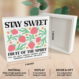 NKBINLILI Boho Christian Strawberry Desk Wood Box Sign Home Office Decor, Fruits of The Spirit Bible Verse Jesus Floral Wooden Box Sign Decorations for Home Office, Christian Gifts for Women Men