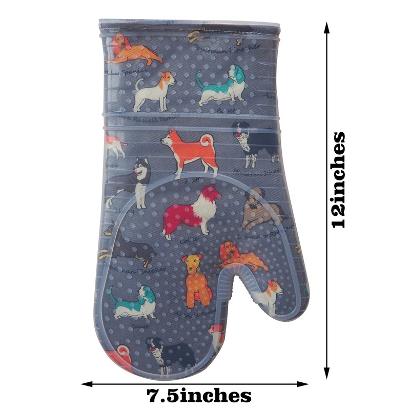 OvenMitts set of2 with clearSilicone shell Nicedog printing cotton lining(Gray)