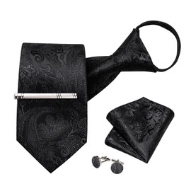 DiBanGu Mens Silk Black Paisley PreTied Necktie and Pocket Square Cufflinks Tie Clip Set Adjustable Zipper Ties Formal