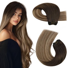 Moresoo Human Hair Weft Extensions Genius Ombre Hand Tied Sew in Hair Extensions Real Human Hair Balayage Dark Brown to Dark Blonde with Dark Ash Blonde 50g 18inch