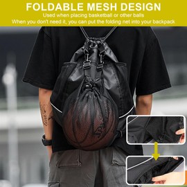 Fhioevt Backpack Sports Bag with Drawstring Sports Bag Football Backpack with Ball Net Gym Bag Black Basketball Bag Football Bag for Teenagers Children Adults
