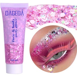 DAGEDA Body Glitter Gel, Face Glitters Body Gel Sequins Shimmer Liquid Eyeshadow, Chunky Glitter for Face Hair Nails, Holographic Cosmetic Laser Powder Festival Makeup 50ml(Pink)