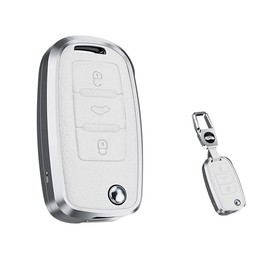 SANRILY 1pcs Keyless Key Fob Cover for VW Tiguan Jetta MK1-MK6 Passat Golf GTI Beetle Full Protection Metal Leather Key Case Shell with Key Chain White