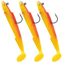 Alwonder 3pcs Sandeel Fishing Lures 15cm/30g Jig Head Soft Lure with Paddle-Tail Swimbait Pre-Rigged Fishing Lure Tackle for Sea Fishing Bass Pike Trout Perch Orange