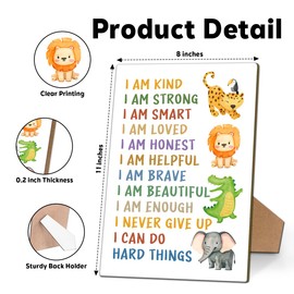 Positive Affirmations Bar Sign Baby Animal Safari Sign, Home Bedroom Nursery Classroom Decorations Table Decor, 8x11 Inch I Am Kind I Am Smart I Am Brave Wooden Sign with Stand-13