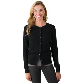 JENNIE LIU Women's 100% Cashmere Button Front Long Sleeve Crewneck Cardigan Sweater Black