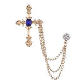 Cross Tassel Suit Chain Brooch Lapel Pin Badge Coat Collar Accessory Brooch Rhinestone Metal Hanging Chains Collar Brooches Prom Accessories for Men (Gold Blue)