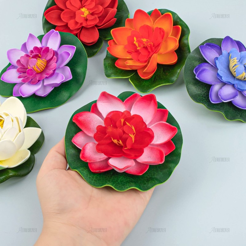 AUEAR, 9 Pack Artificial Floating Foam Lotus Flowers with Water