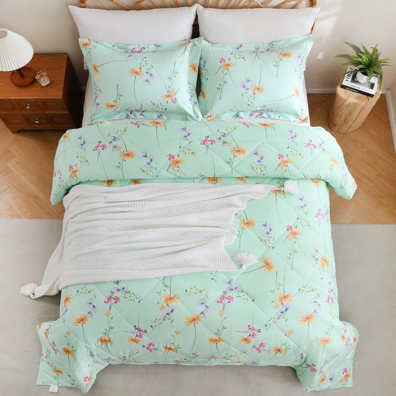 JSD Green Floral Comforter Set Queen Size, 3 Piece All
