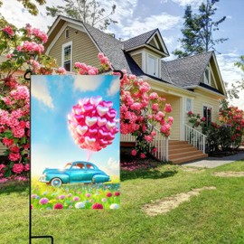 BlissYard Valentines Day Car Garden Flag Double Sided 12×18 Flag Happy Valentine's Day Garden Flag Blue Car Pink Heart Balloons Garden Flag Farmhouse Welcome Flags for Outdoor Lawn Decoration