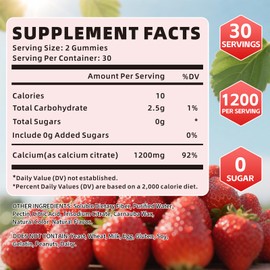 Calcium Citrate Gummies 1200mg, Chewable Calcium Supplement for Women & Men, Sugar Free Calcium for Bone, Muscle & Immune Support, Gluten Free, Vegan, Non-GMO, Strawberry Flavor, 120 Count