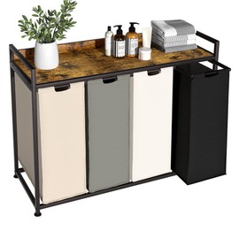 Herture Laundry Hamper with Shelf, Laundry Basket 4 Section, Laundry Sorter with Pull-Out Removable Large 4 Color Bags and Movable Wheels, Metal Frame, 4 x 15.87 Gallons (60L), Rustic Brown PF07XLN