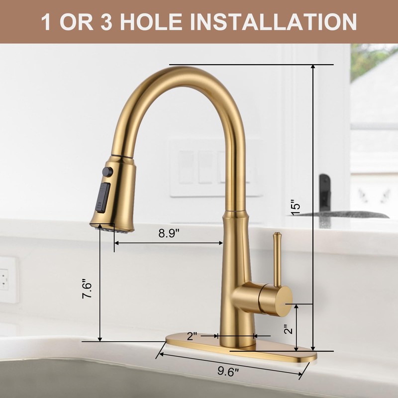 WOWOW Kitchen Faucet with Sprayer,Gold Single Handle High Arc Stainless