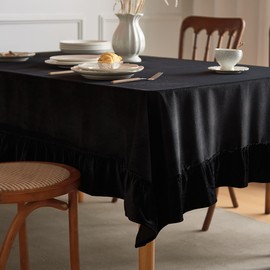 Tootop Soft Luxurious Velvet Tablecloth Ruffled Solid Color Rectangular Thick Tablecloth, Vintage Farmhouse Style, Washable Suitable for Parties Weddings Baby Shower, Kitchen（60 X 120 Inch） Black