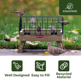 Kingsyard Squirrel Proof Ground Bird Feeder for Outdoors - Recycled Plastic Platform Feeding Station, Fly-Through Metal Caged Wild Bird Feeder for Small Birds, 5 LBS Large Capacity, Brown