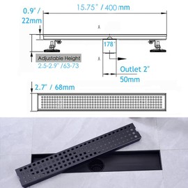 16 Inch Linear Bathroom Shower Rectangular Floor Drain,New Type with Removable Cover Grid Grate, Adjustable Leveling Feet Hair Strainer, SUS304 Stainless Steel,Black