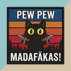 Retro Sunset Pew Pew MADAFAKAS Cat Tactical Embroidery Patch - Hook and Loop Funny Black Cat Morale Badge for Backpacks Bags Vest Dog Harness