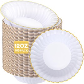 Newtay 100 Pack 12oz Scalloped Plastic Bowls with Silver or Clear or Gold Rim, 12oz Disposable Dessert Soup Bowls For Birthday, Party, Wedding, Dinners, Catering and Everyday Use (White and Gold)