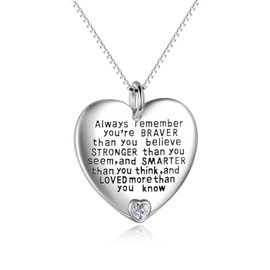 YFN Sterling Silver Cubic Zirconia Always Remember You are Braver Than You Believe Pendant Necklace for Daughter and Granddaughter Inspirational Gifts, Sterling Silver, Cubic Zirconia