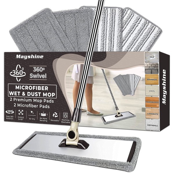MAYSHINE 18" 360 Spin Microfiber Mop System w/ 2 Premium and 2 Standard Microfiber Pads | Use on Hardwood, Tile, Laminate, Vinyl Wet or Dry | Flat Dust Mop with 67" Extendable Steel Handle