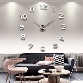 THIDARGO 3D DIY Wall Clock Arabic Numerals Clock Frameless Mirror Surface Wall Sticker Home Decor for Living Room Bedroom(Not Including Battery) (19-27 Inch, Silver)