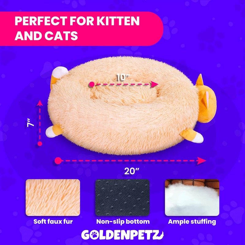Goldenpetz Calming Cat Bed, pet Bed, Themed with Plush Animal