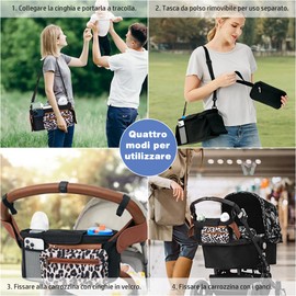 HINATAA Buggy Pram Organiser, Baby Pram Bag with 2 Drink Holders, Buggy Organiser Children's Trolley with Shoulder Strap & 2 x Secure Hooks, Pram Accessories with Zip Pocket (Leopard)