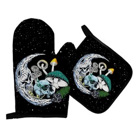 Mingnei Goth Skull Mushroom Oven Mitts and Pot Holders Sets, Skeleton Moon Mushroom Heat Resistant Potholder Kitchen Decor for Cooking Baking BBQ Grilling, Goth Mystic Mushroom Oven Glove Set Gifts