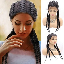 Black Braided Wig for Black Women Long Lightweight Box Braid Wigs with Baby Hair Natural Hairline Synthetic Lace Front Twist Braids Wig Frontal Braiding Glueless Heat Resistant Hair Cosplay Daily Christmas Gift 24 Inch